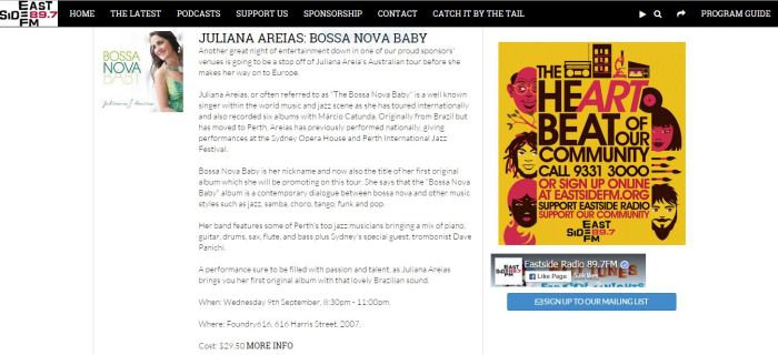 EastSide 89.7 FM - 31 Aug 2015 Post Juliana Areias Sydney tour