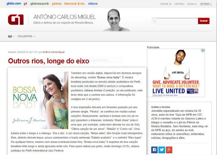 review Antonio Carlos Miguel O Globo Juliana Areias Bossa Nova Baby CD 2 June 2015